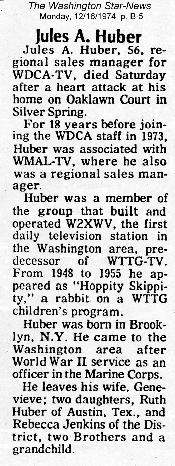 Jules Huber's Obituary, Washington Star-News, Monday 12/16/74